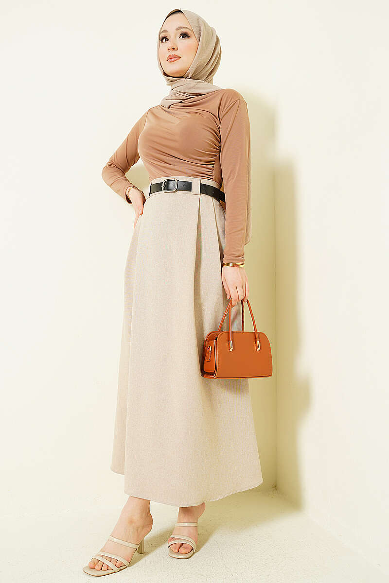 Belted Flared Skirt with Side Darts - Beige