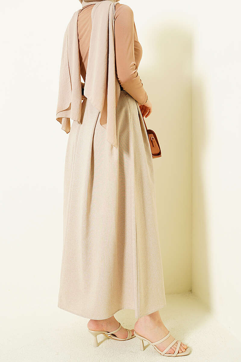 Belted Flared Skirt with Side Darts - Beige