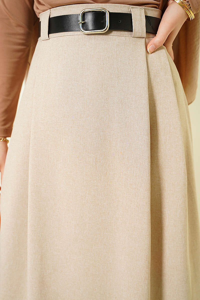 Belted Flared Skirt with Side Darts - Beige