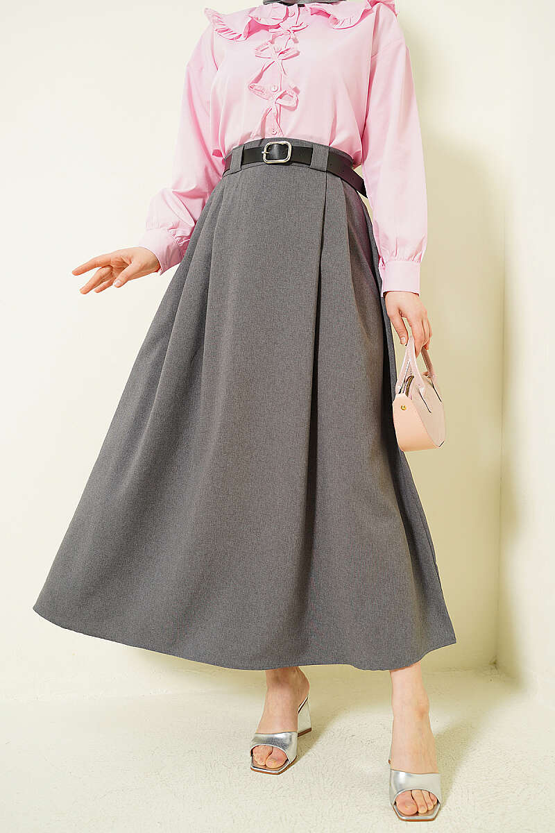 Belted Flared Skirt with Side Darts - Smoke Grey