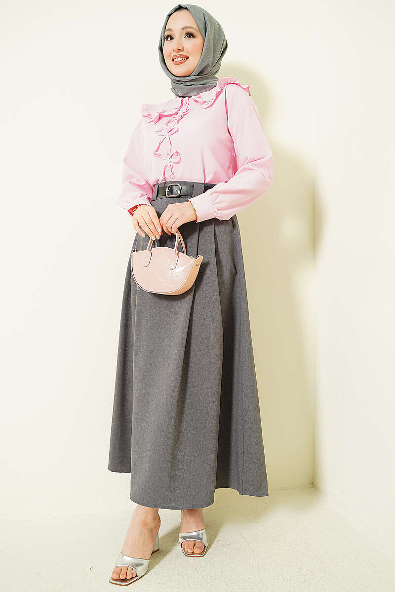 Belted Flared Skirt with Side Darts - Smoke Grey