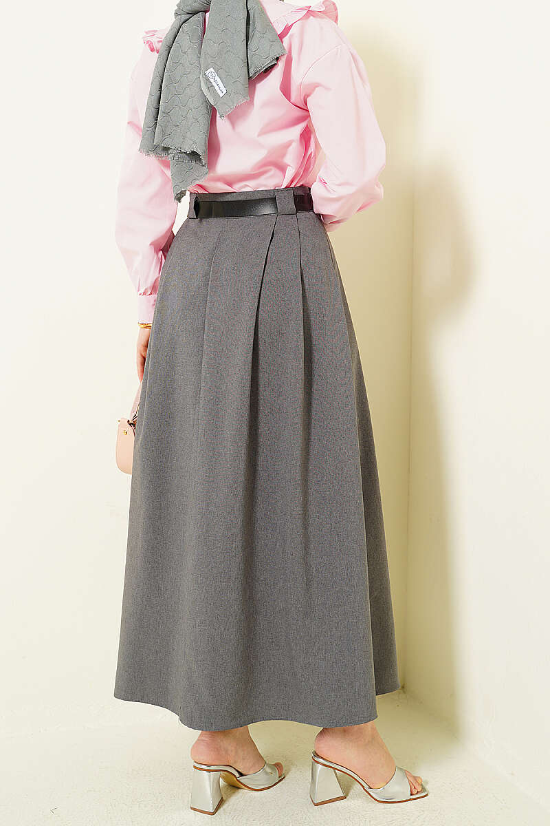 Belted Flared Skirt with Side Darts - Smoke Grey