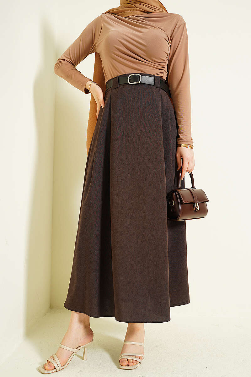 Belted Flared Skirt with Side Darts - Brown