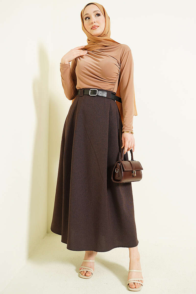 Belted Flared Skirt with Side Darts - Brown