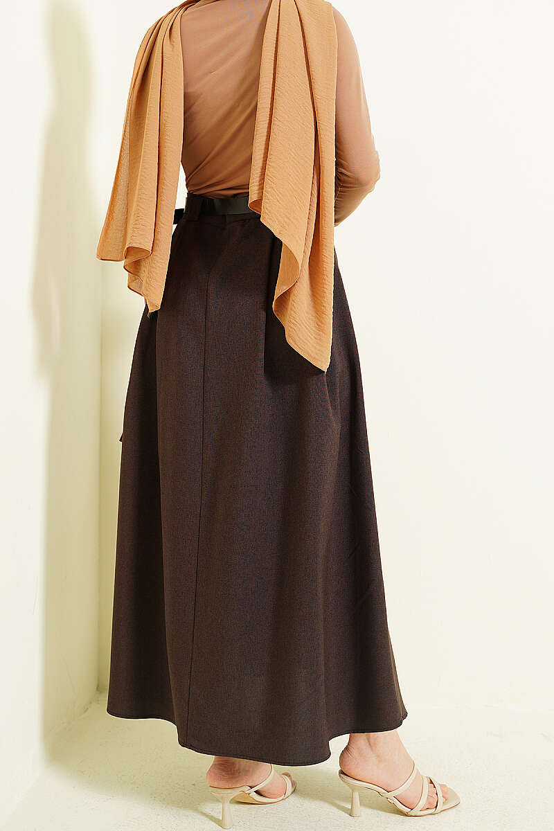 Belted Flared Skirt with Side Darts - Brown