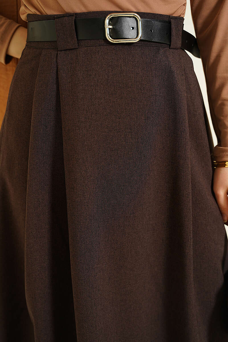 Belted Flared Skirt with Side Darts - Brown