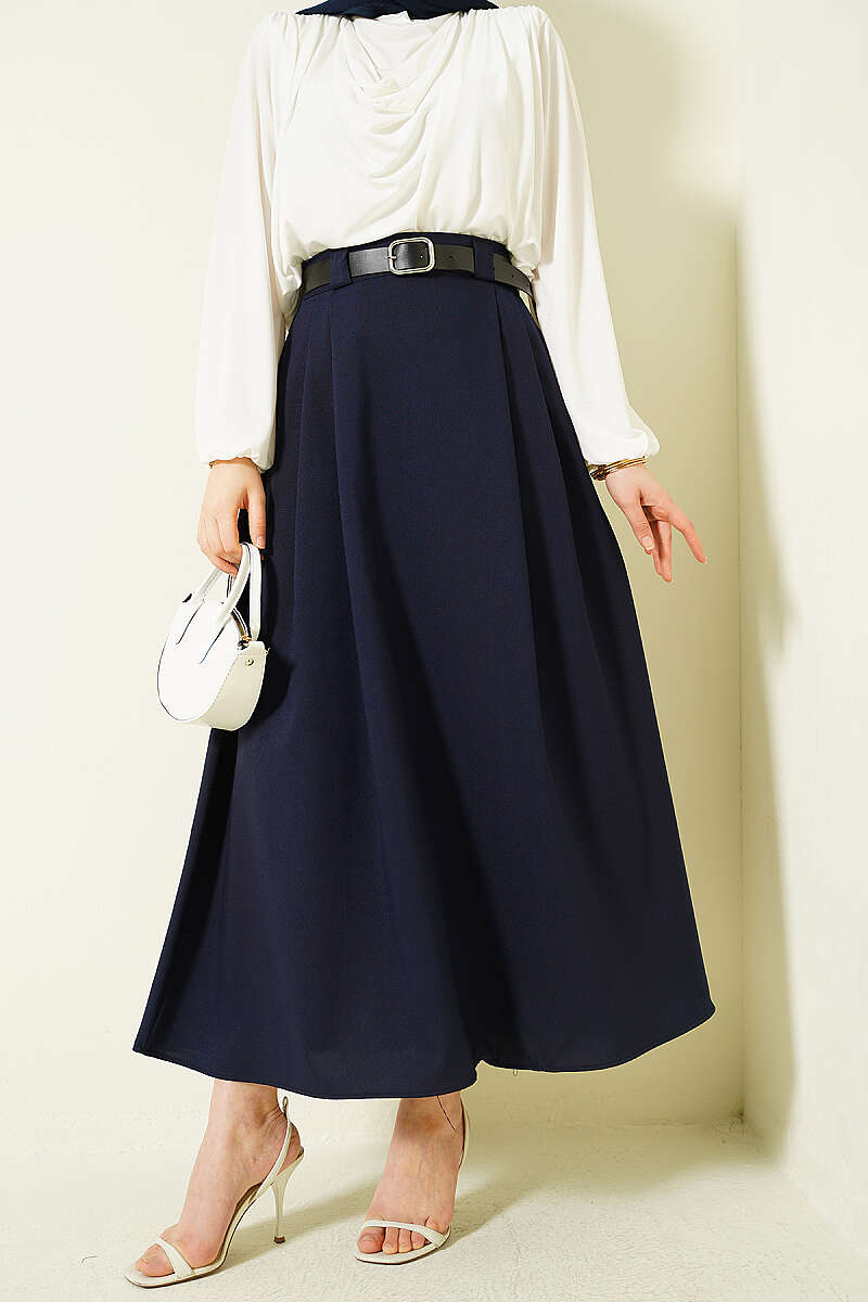 Belted Flared Skirt with Side Darts - Navy