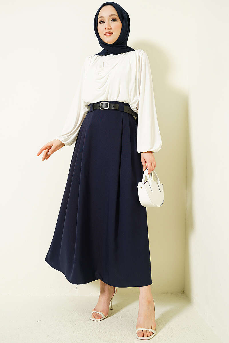 Belted Flared Skirt with Side Darts - Navy