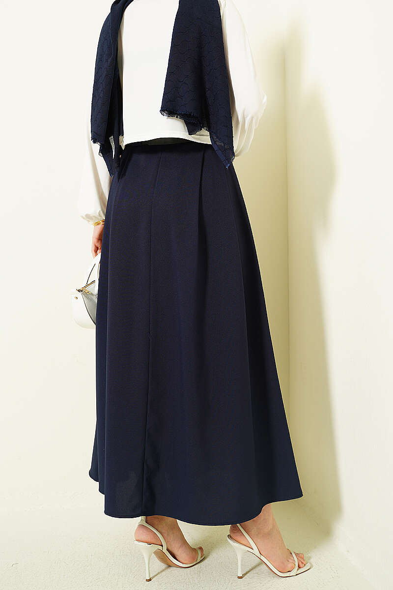 Belted Flared Skirt with Side Darts - Navy