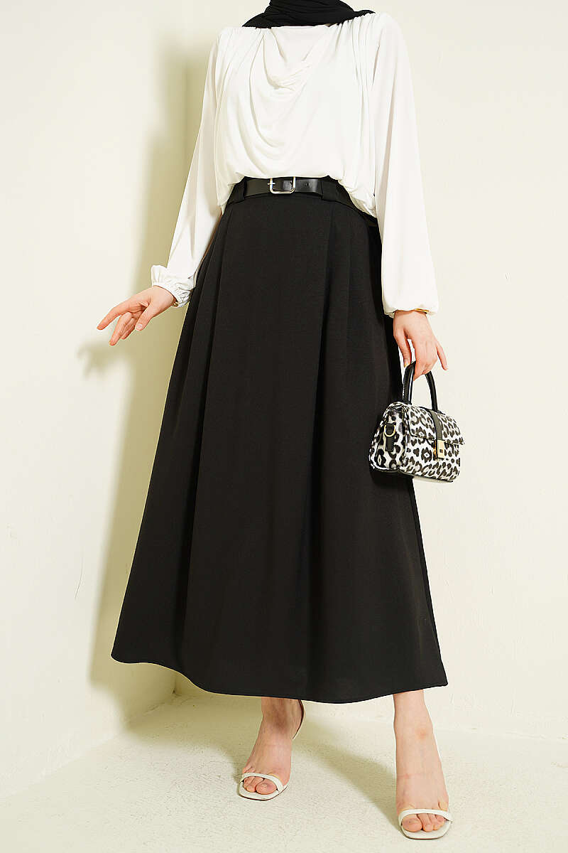 Belted Flared Skirt with Side Darts - Black