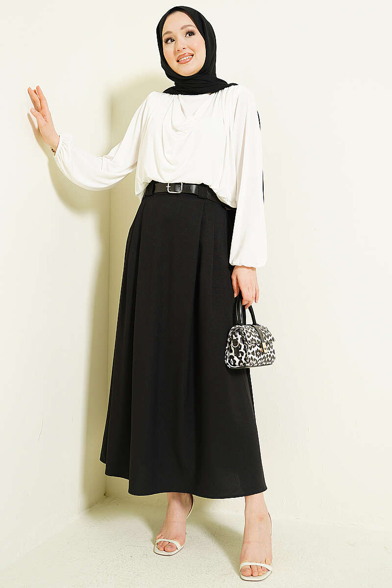 Belted Flared Skirt with Side Darts - Black