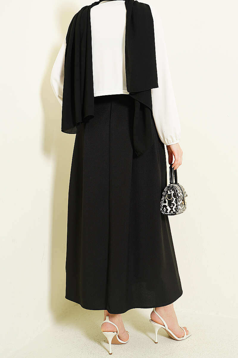 Belted Flared Skirt with Side Darts - Black