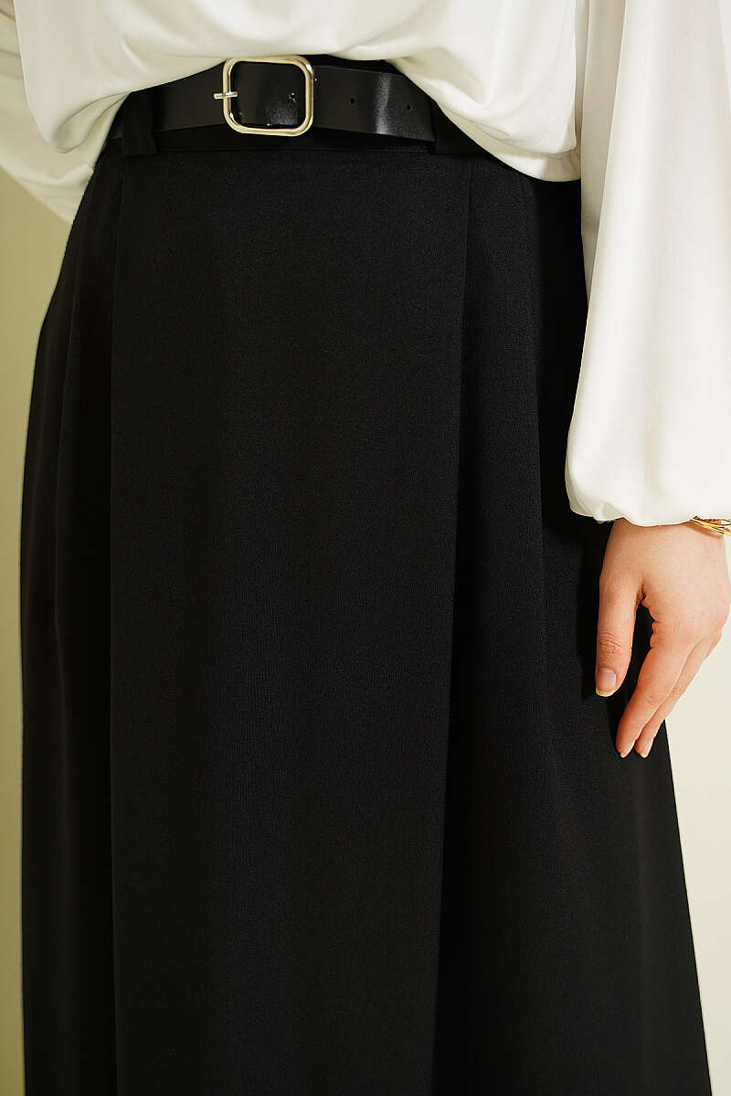 Belted Flared Skirt with Side Darts - Black