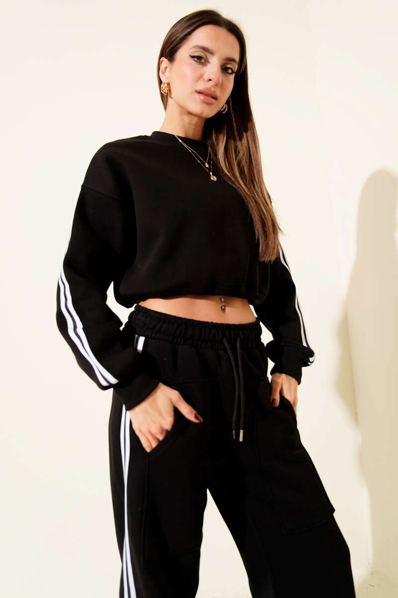 Three-Thread Sweat Set with Side Stripes - Black