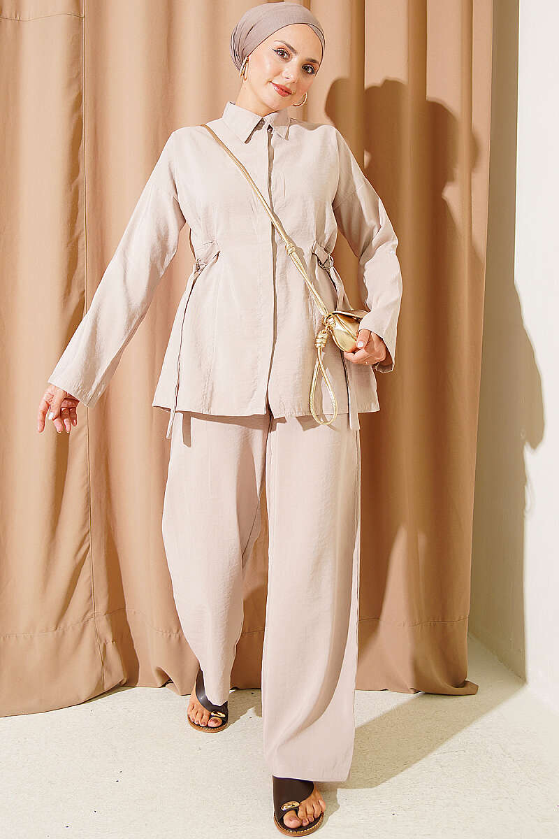 Two-Piece Set with Side Buckles and Concealed Buttons - Beige
