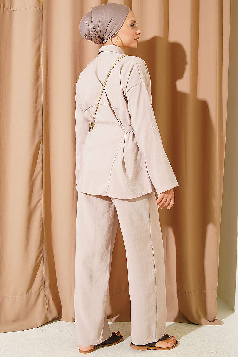 Two-Piece Set with Side Buckles and Concealed Buttons - Beige