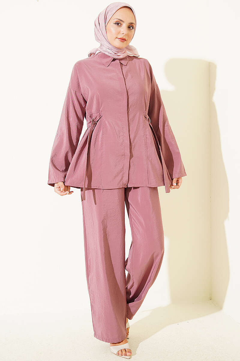 Two-Piece Set with Side Buckles and Concealed Buttons - Dusty Rose