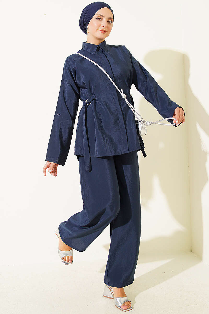Two-Piece Set with Side Buckles and Concealed Buttons - Navy