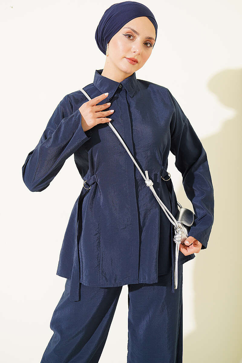 Two-Piece Set with Side Buckles and Concealed Buttons - Navy