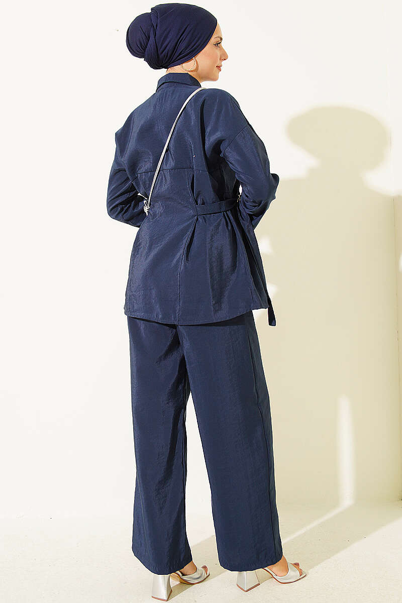 Two-Piece Set with Side Buckles and Concealed Buttons - Navy