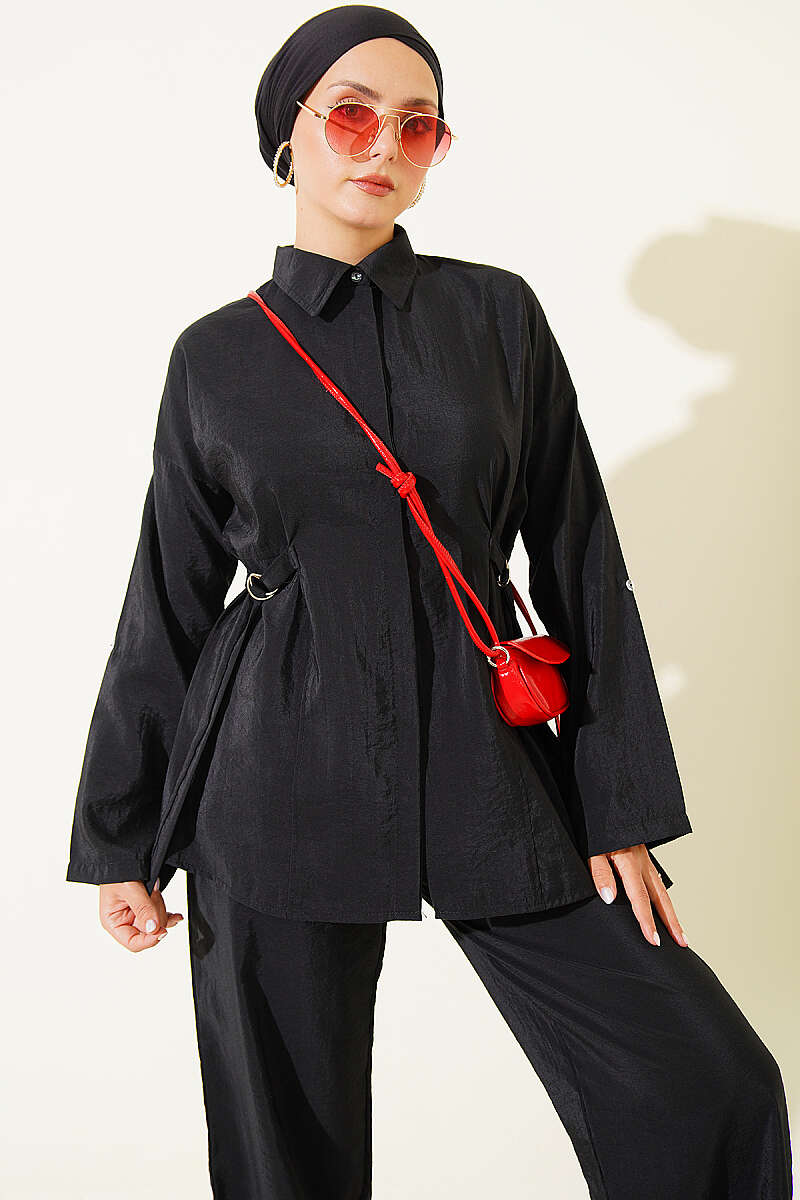 Two-Piece Set with Side Buckles and Concealed Buttons - Black