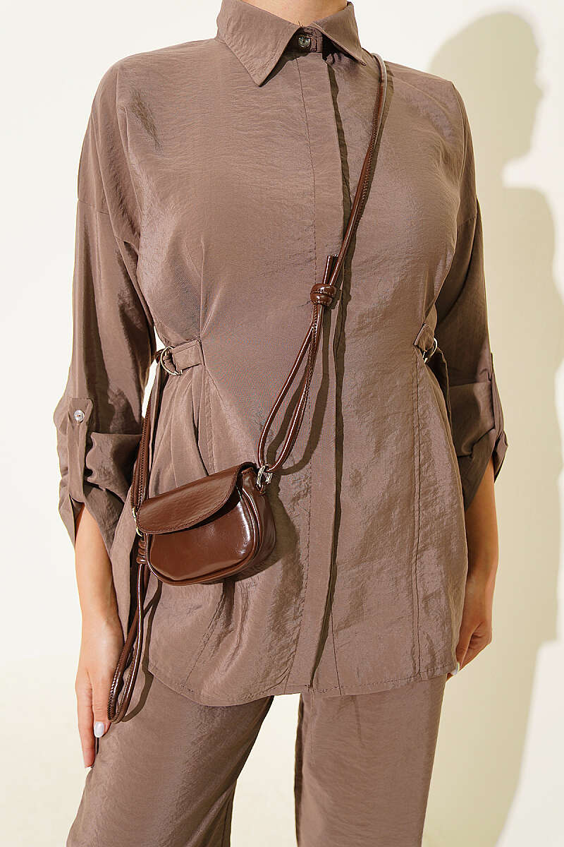 Two-Piece Set with Side Buckles and Concealed Buttons - Mink