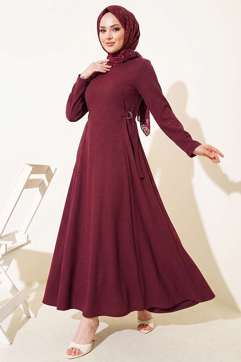 Dart Dress with Side Buckles - Burgundy