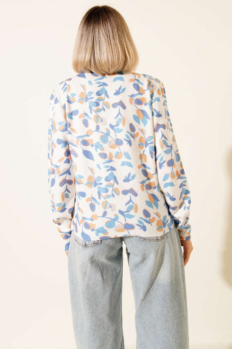 Leaf Print Knit Sweater - Blue