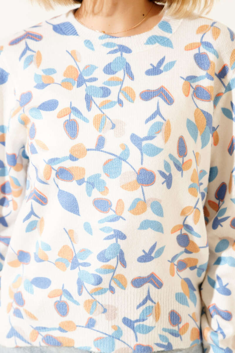 Leaf Print Knit Sweater - Blue