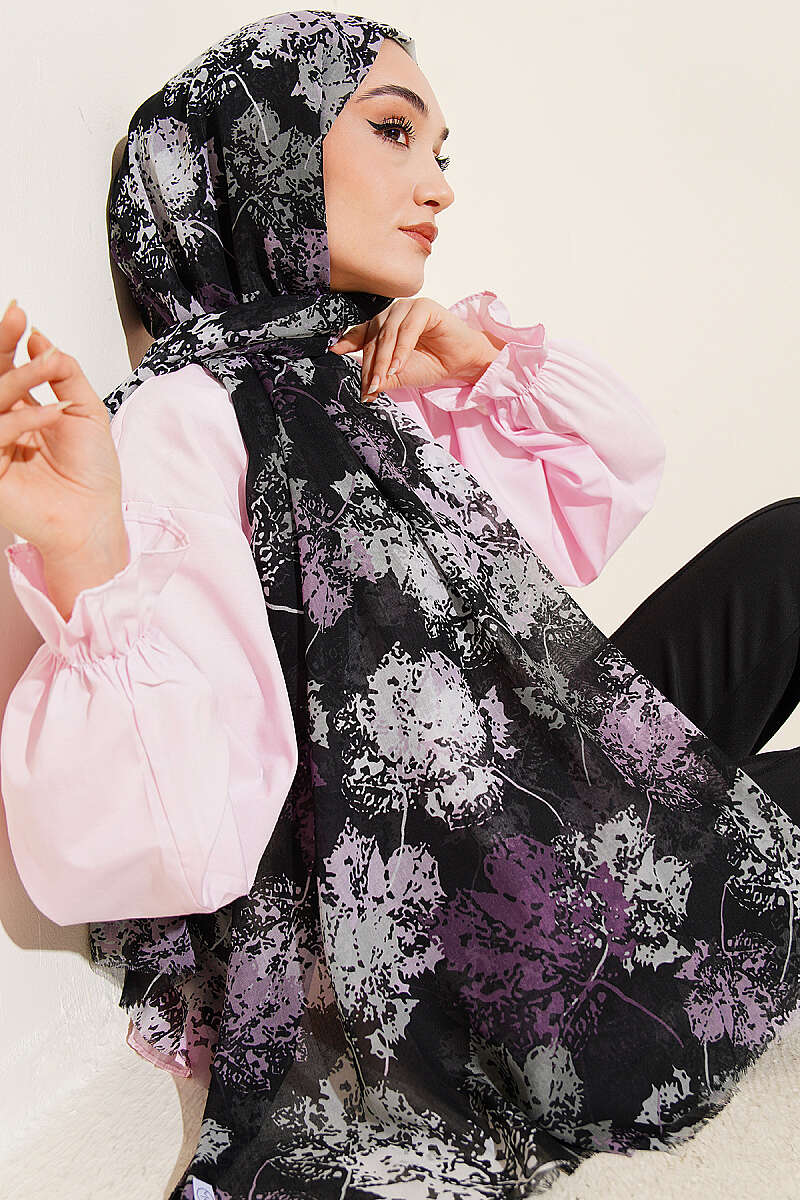 Aya Series Leaf Print Shawl - Black-Mint