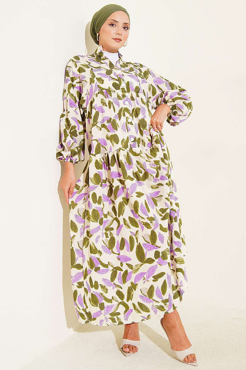 Leaf Print Mandarin-Collar Button Dress - Khaki