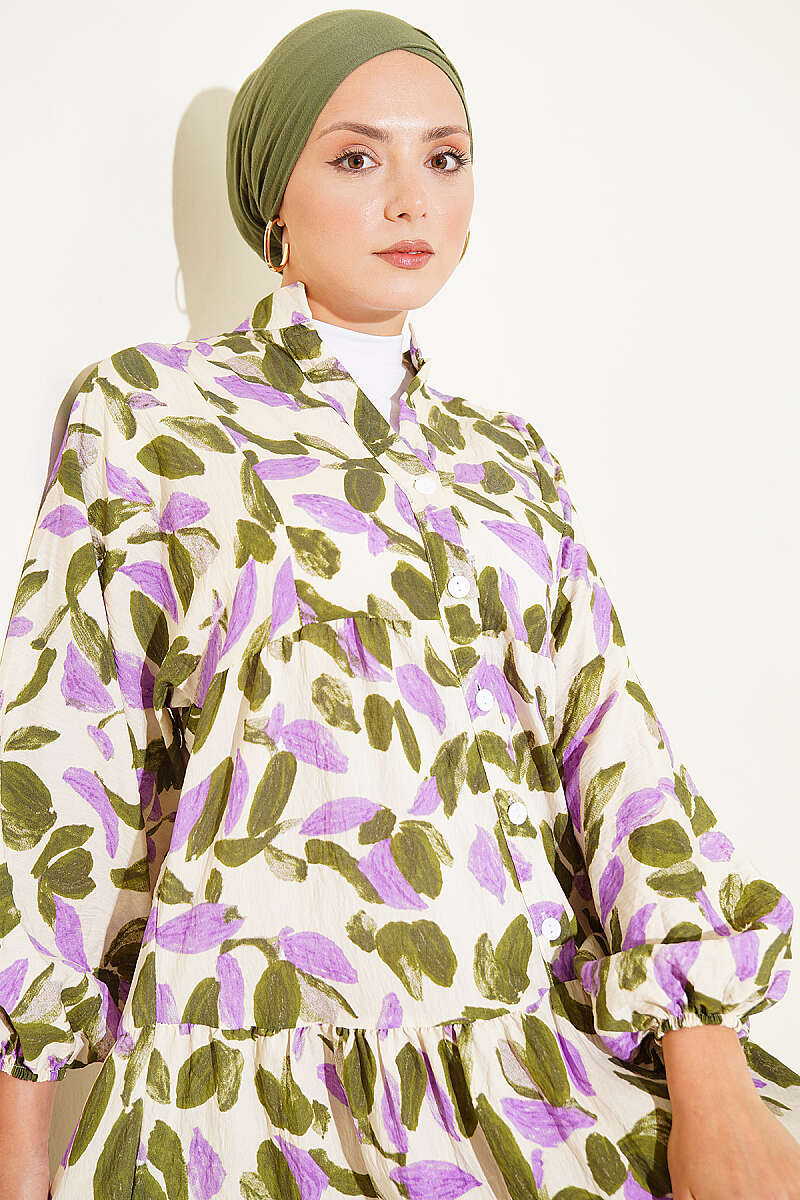 Leaf Print Mandarin-Collar Button Dress - Khaki