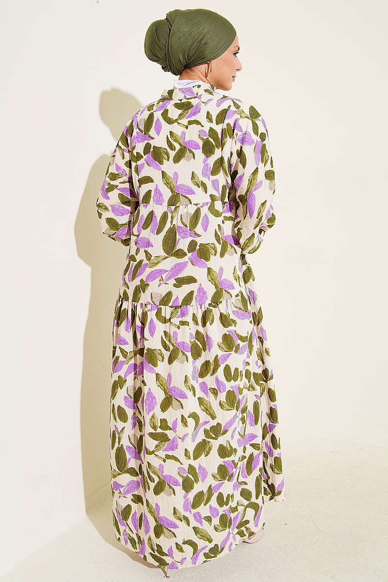 Leaf Print Mandarin-Collar Button Dress - Khaki