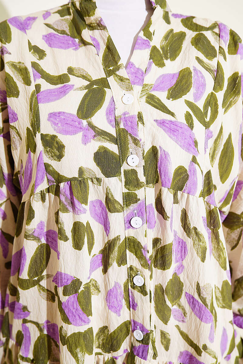 Leaf Print Mandarin-Collar Button Dress - Khaki