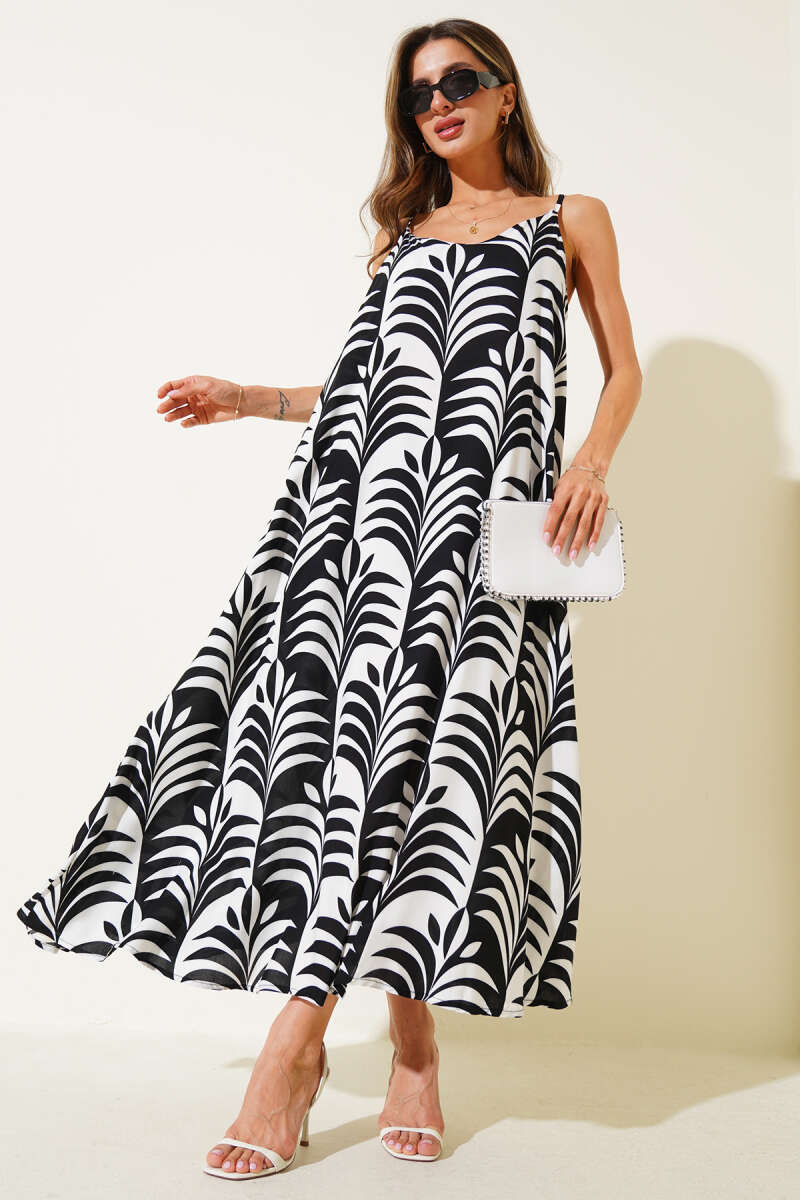 Leaf Print Spaghetti-Strap Midi Dress - Black