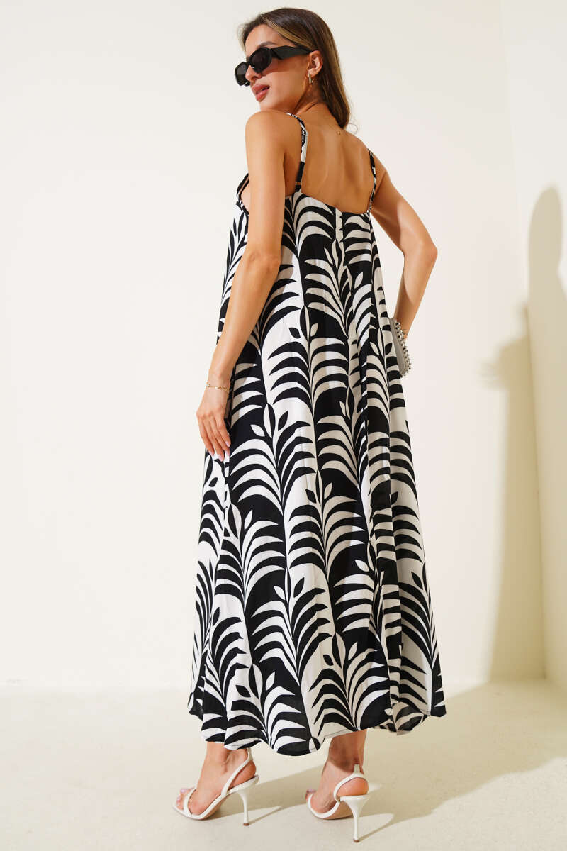 Leaf Print Spaghetti-Strap Midi Dress - Black