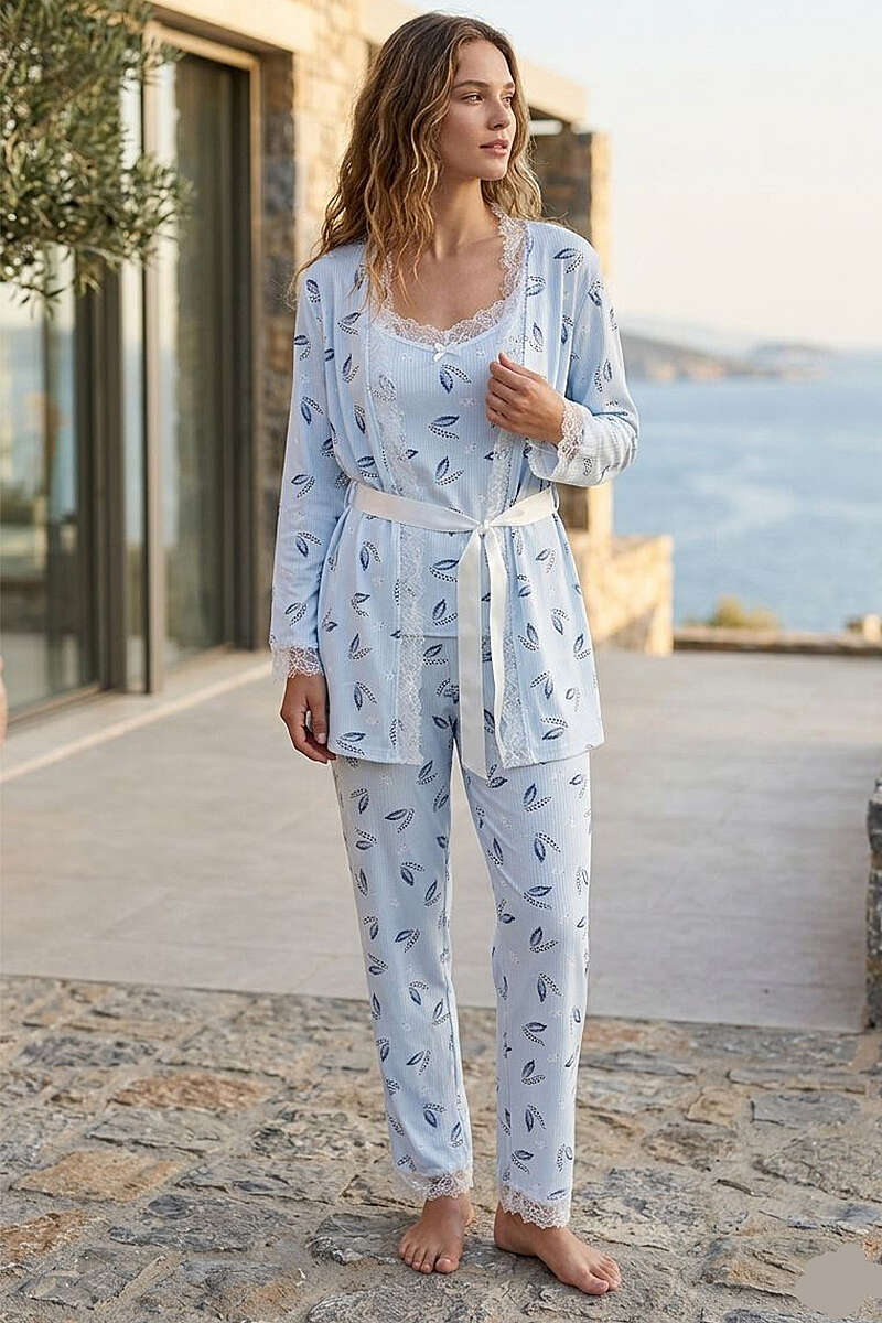 Leaf Print Lace 3-Piece Pyjama Set with Robe - Ice Blue