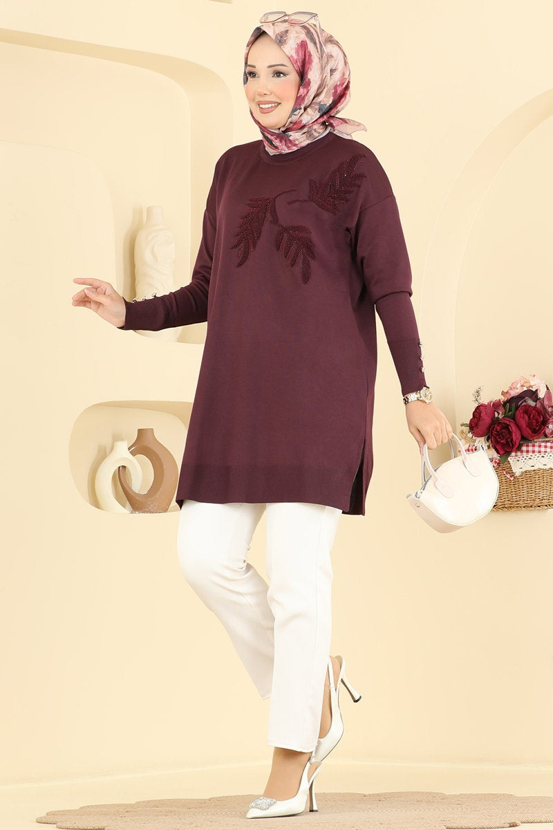 Leaf-Pattern Mercerised Tunic - Plum