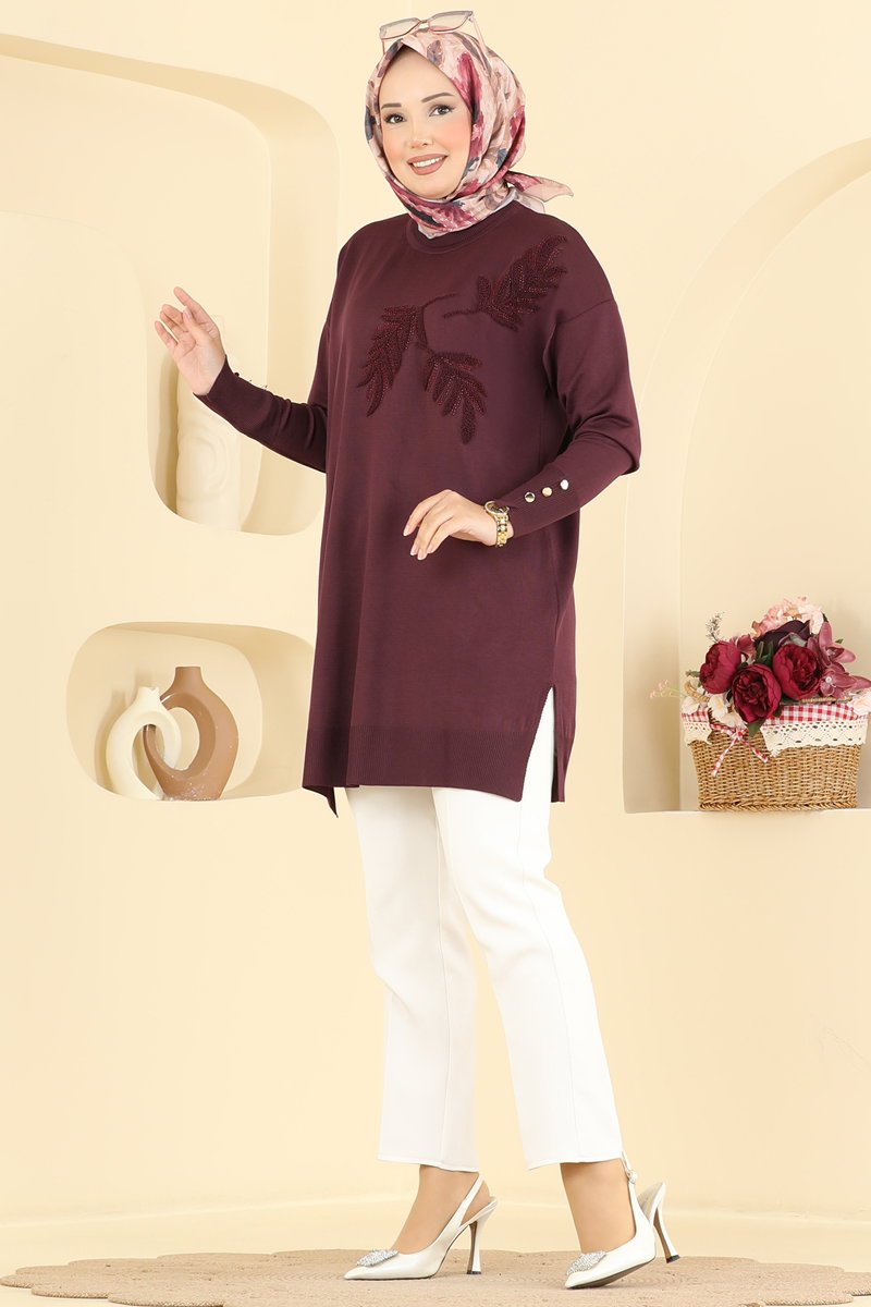 Leaf-Pattern Mercerised Tunic - Plum