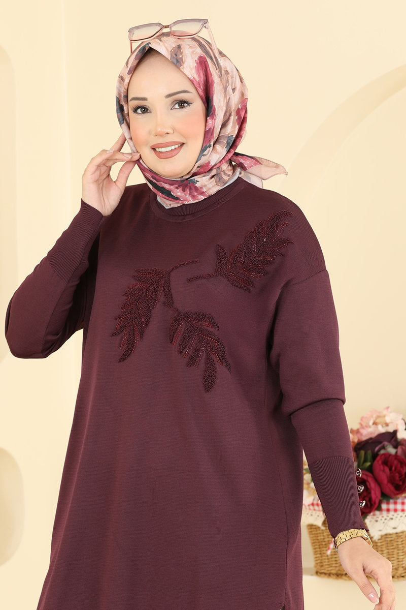 Leaf-Pattern Mercerised Tunic - Plum