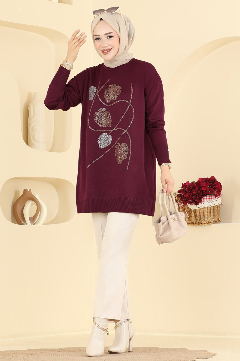 Leaf-Print Mercerised Knit Tunic - Burgundy