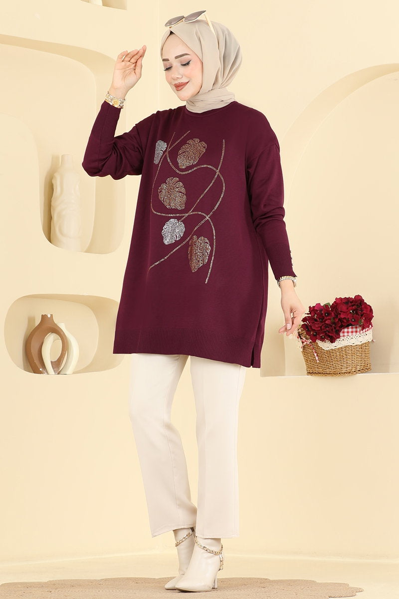 Leaf-Print Mercerised Knit Tunic - Burgundy