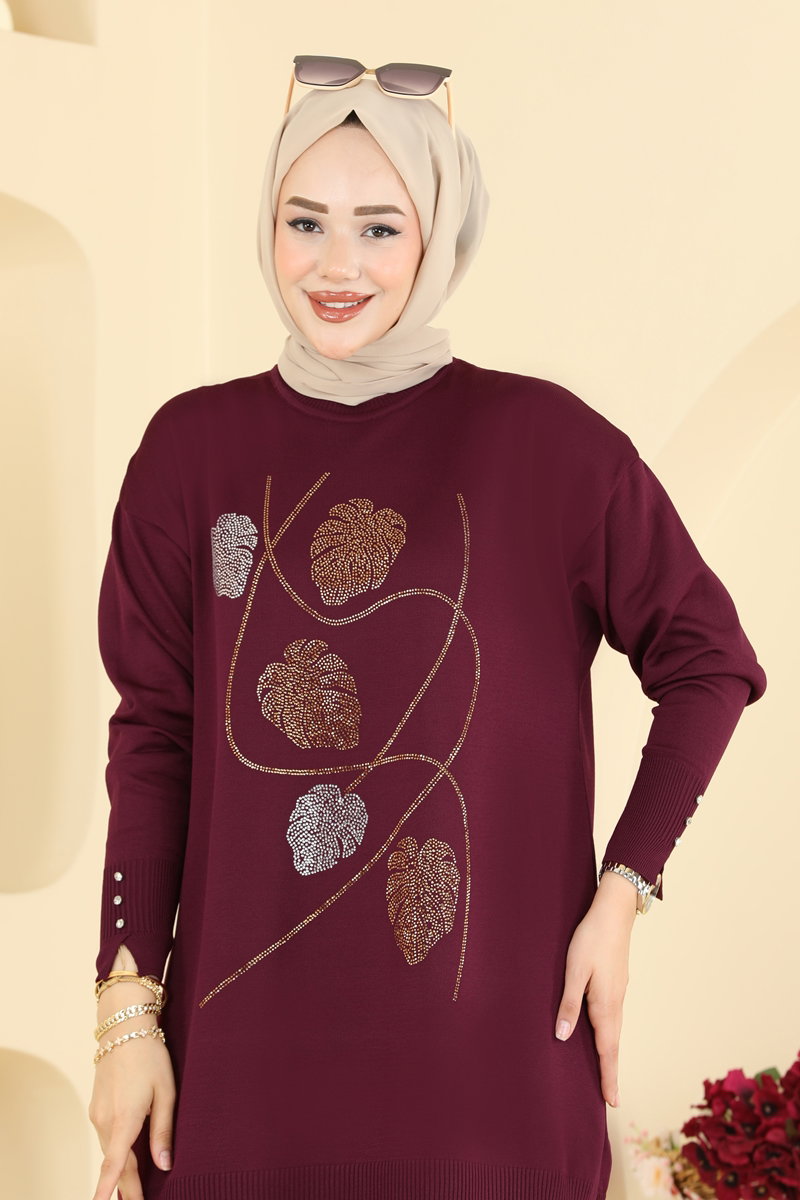 Leaf-Print Mercerised Knit Tunic - Burgundy