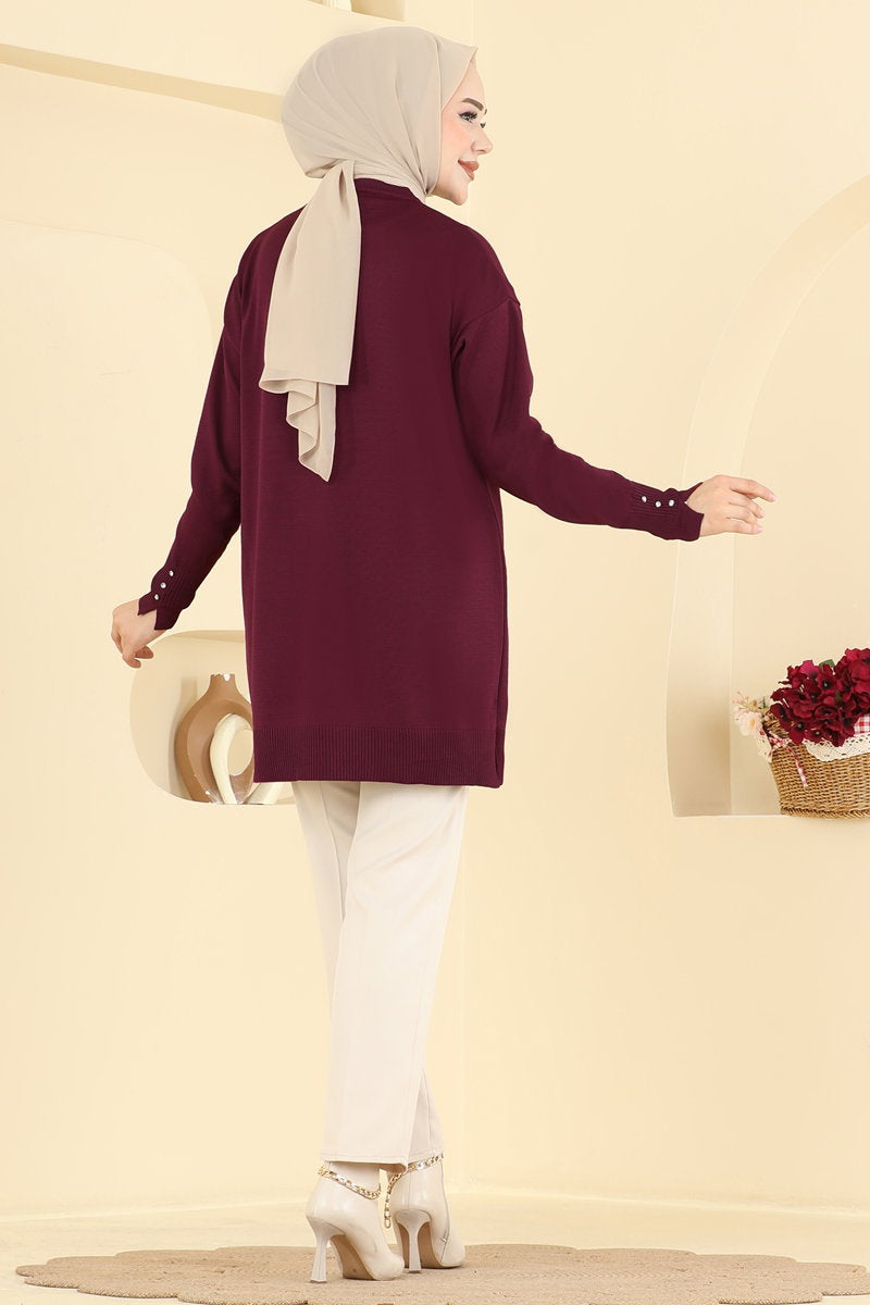 Leaf-Print Mercerised Knit Tunic - Burgundy