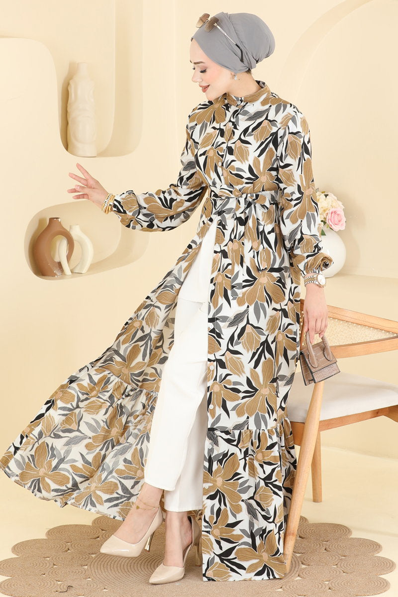Leaf-Print Modal Dress - Brown