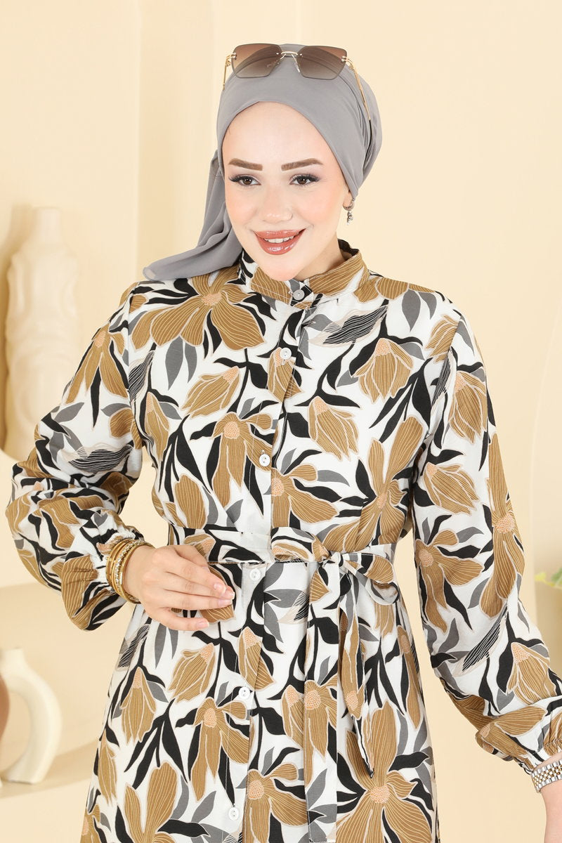 Leaf-Print Modal Dress - Brown