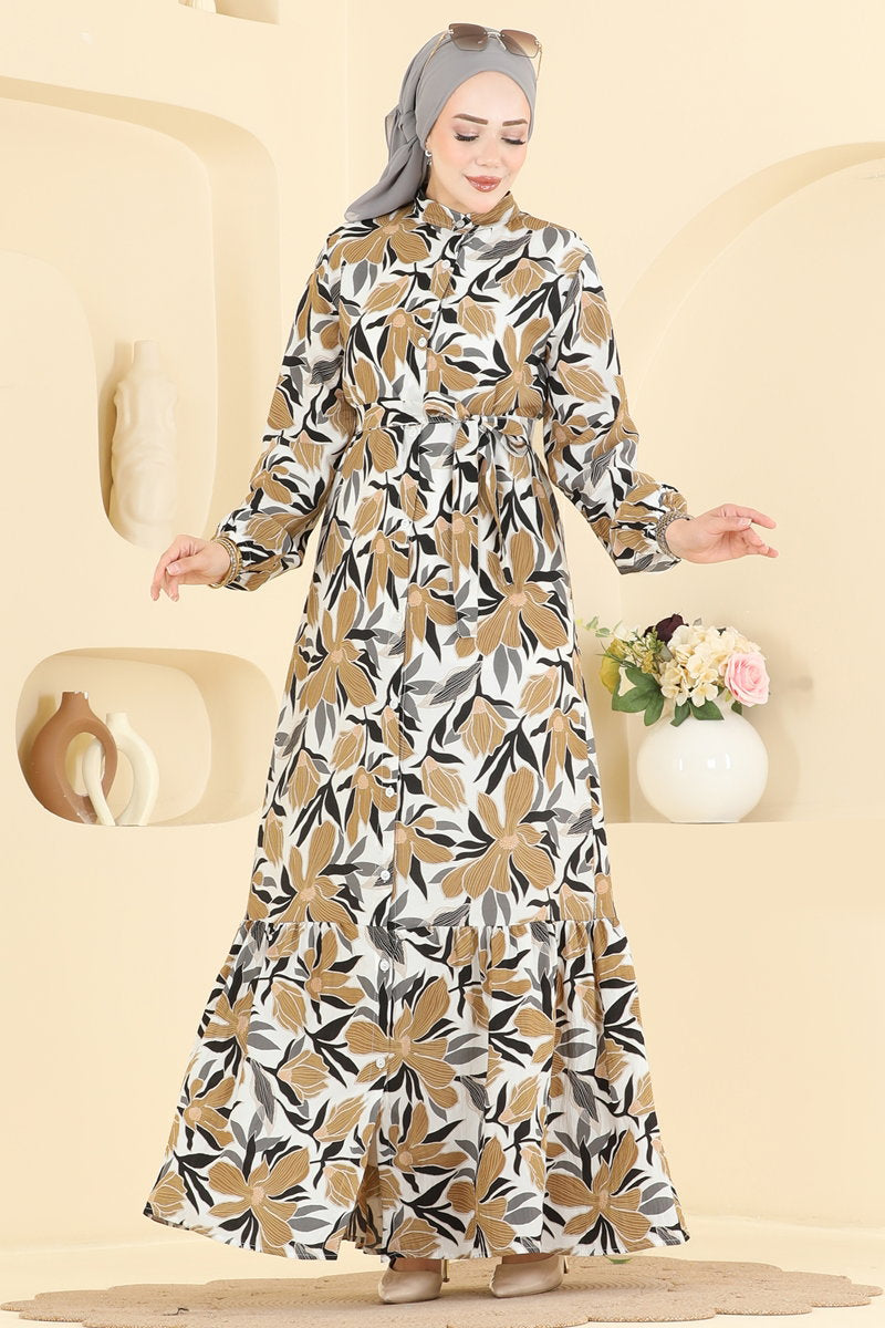 Leaf-Print Modal Dress - Brown