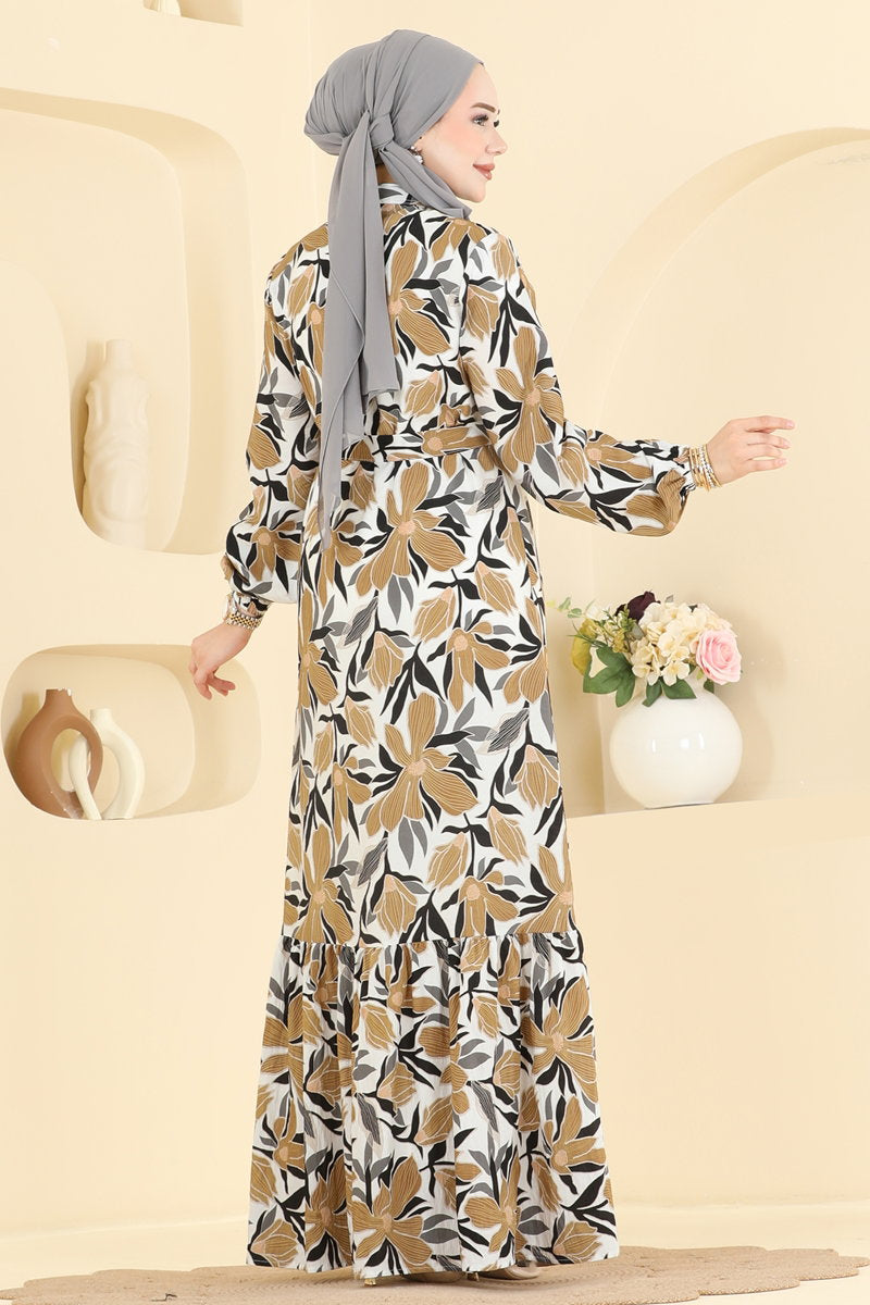 Leaf-Print Modal Dress - Brown