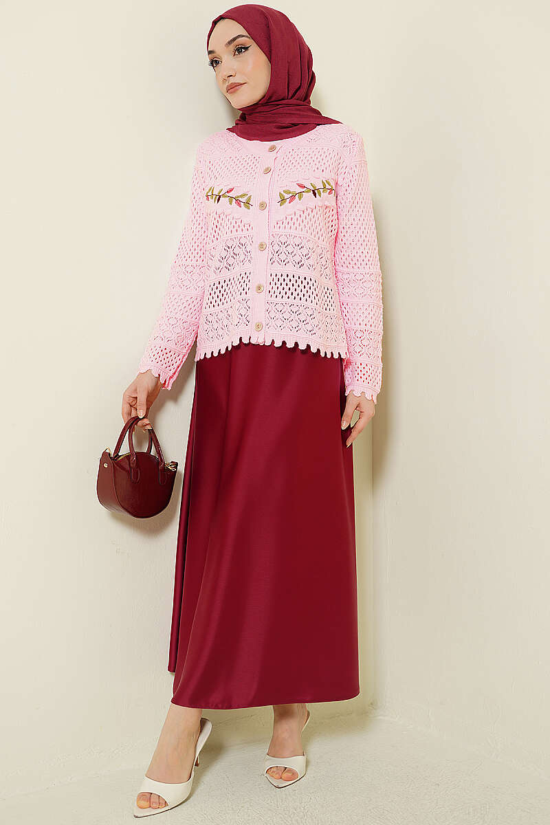 Short Leaf-Embroidered Pointelle Knit Cardigan - Pink