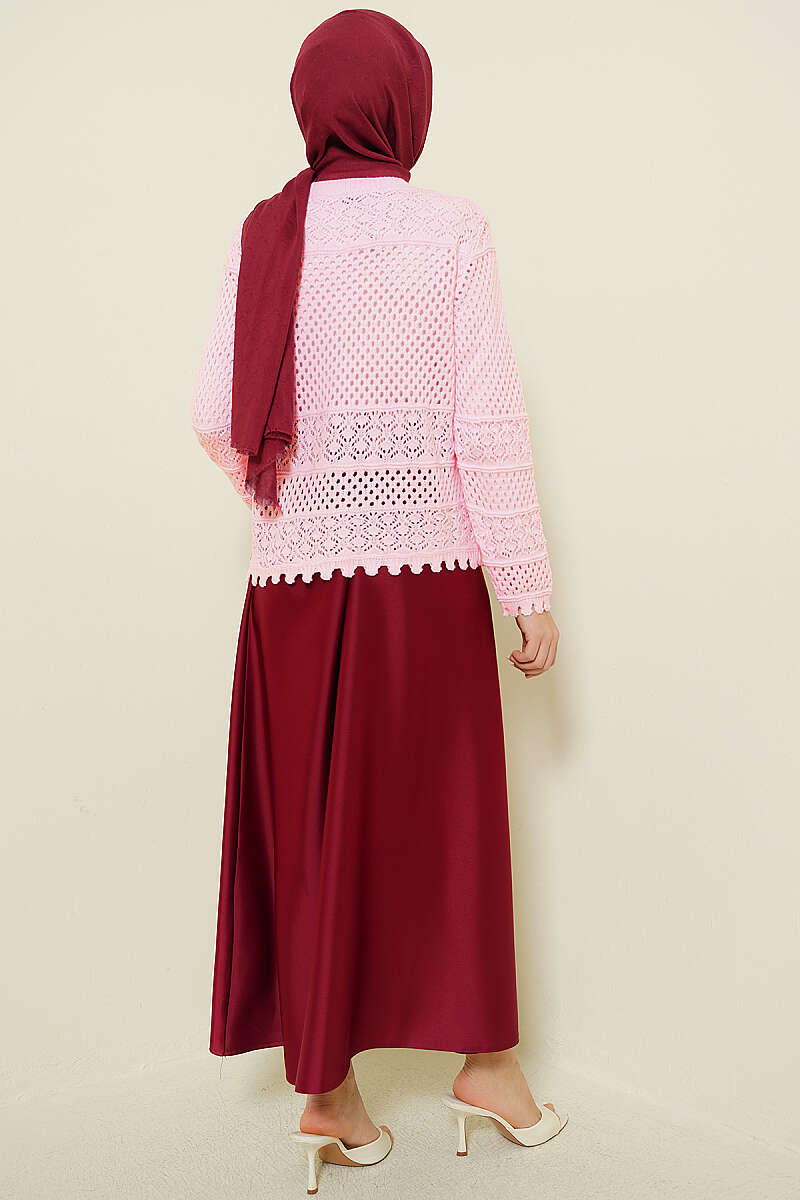 Short Leaf-Embroidered Pointelle Knit Cardigan - Pink